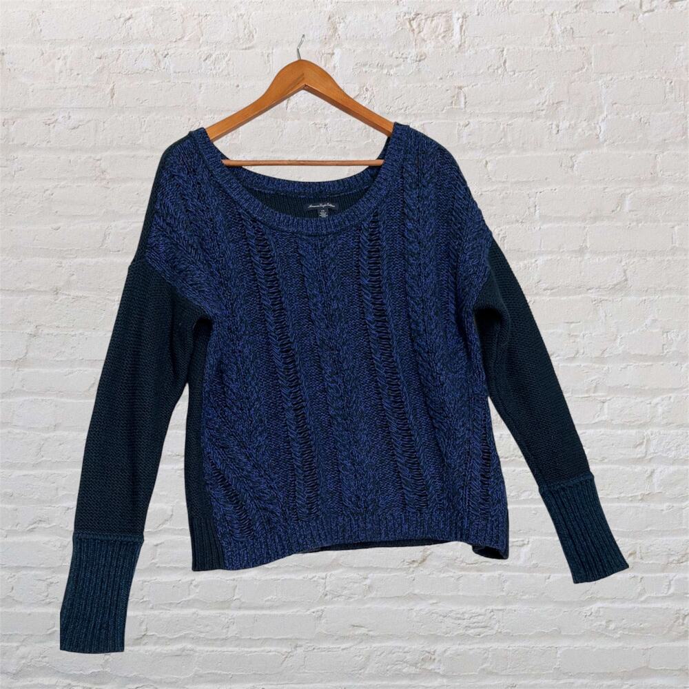 American Eagle Large Blue Cable Knit Sweater Colorblock Roundneck